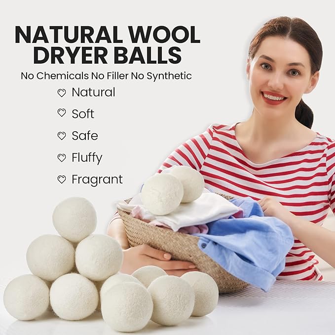 Roowest 60 Pcs Wool Dryer Balls Set Reusable Laundry Wool Balls with Muslin Bags Fabric Softener Anti Wrinkle Anti Static Saving Energy and Time