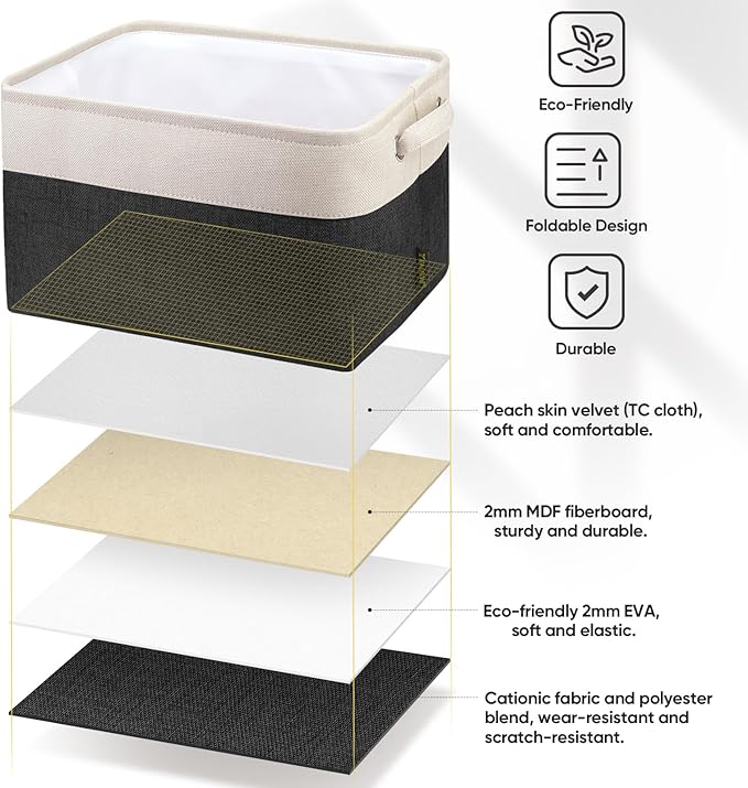 BALEINE 3 Pack Fabric Storage Bins for Shelves, Linen Storage Baskets for Organizing, Decorative Closet Bins for Clothes, Home (Black, 15"x11"x9.5")