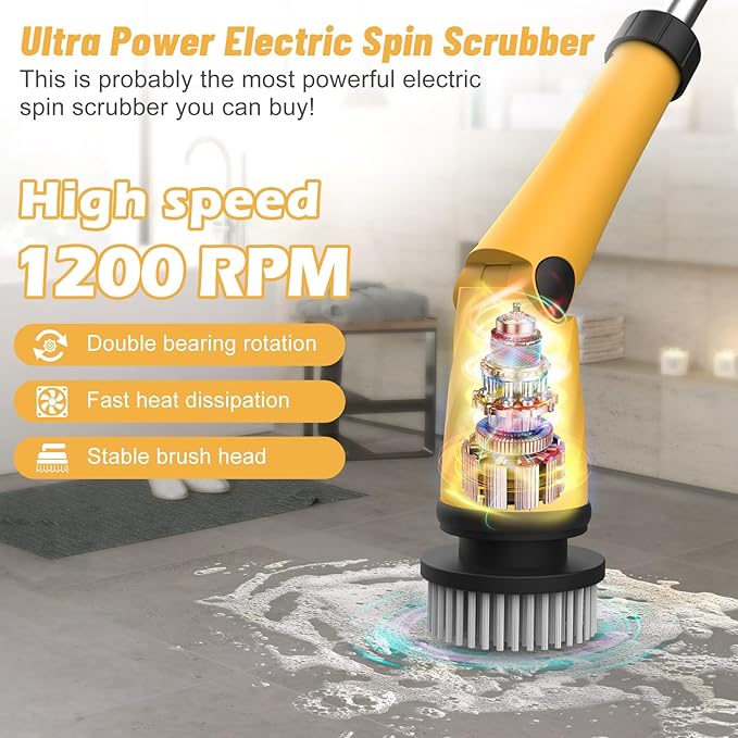Qimedo Upgrade 1200 RPM Battery Electric Spin Scrubber, Highly Powerful Cordless Cleaning Brush with Smart Display, Electric Tile Floor Scrubber with 8 Brushes, Battery Powered Shower Scrubber