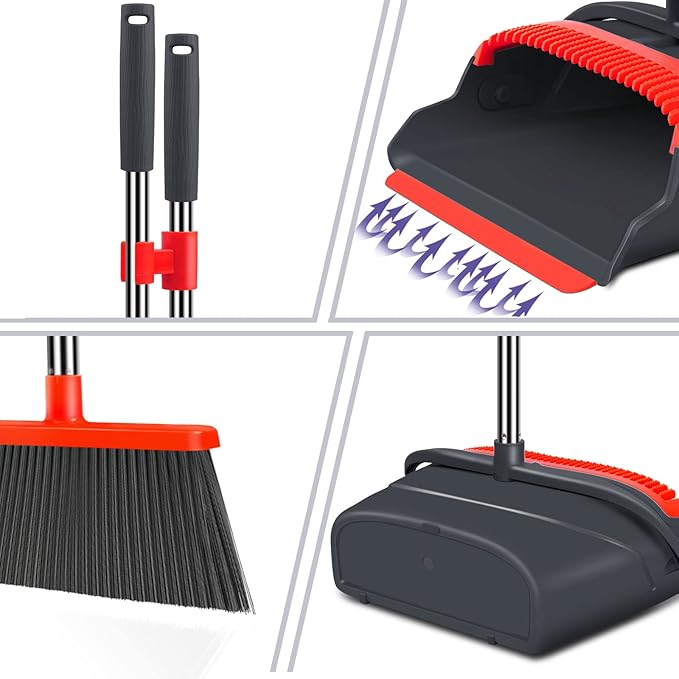 kelamayi Upgrade Broom and Dustpan Set, Broom with Dustpan Combo Set, Large Size and with Long Handle, Upright,Ideal for Indoor Outdoor Garage Kitchen Room Office Lobby Use (Black&Red)