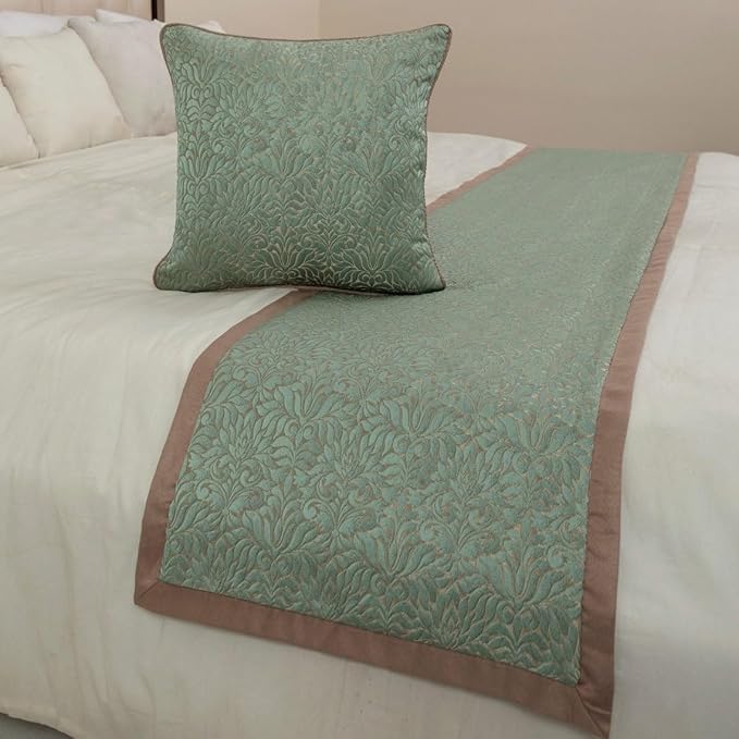 The HomeCentric King/Queen/Twin Blue & Beige Decorative CA King 86"x18" Bed Runner with 2 Pillow Cover, Damask Bed Scarf on Jacquard Fabric - Arabella