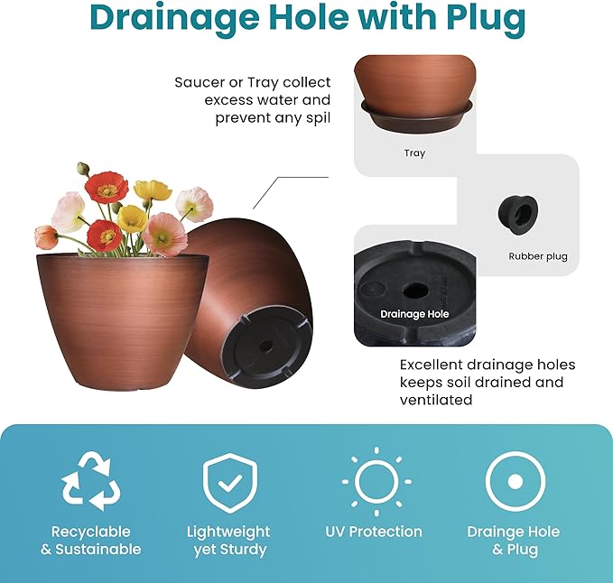2 Pack Plastic Plant Pots with Drainage Holes, 8 inch Planter