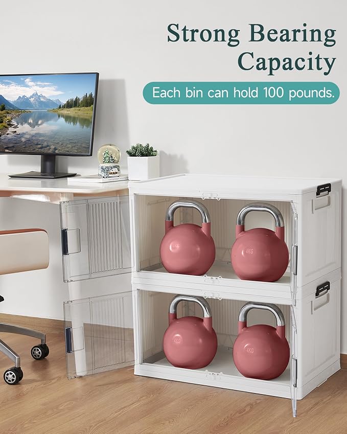 OlarHike 97QT Stackable Storage Bins with Lids - Folding Storage Box with Doors and Wheels, Collapsible Plastic Storage Drawers for Closets, 5 Pack Cubes