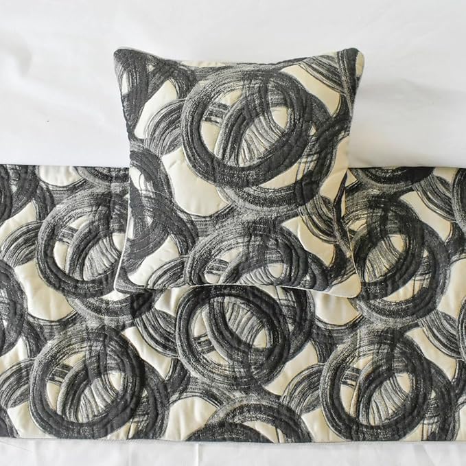 The HomeCentric King/Queen/Twin Black Designer King 90"x18" Bed Runner Without Pillow Cover, Circle, Rings, Quilted Bed Scarf on Jacquard Fabric - Circlewise