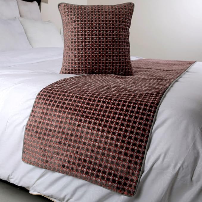HomeCentric Grey Bed Runner, CA King Size 86"x18" Decorative Bed Scarf in Sequins Embroidery - Ditto Dots