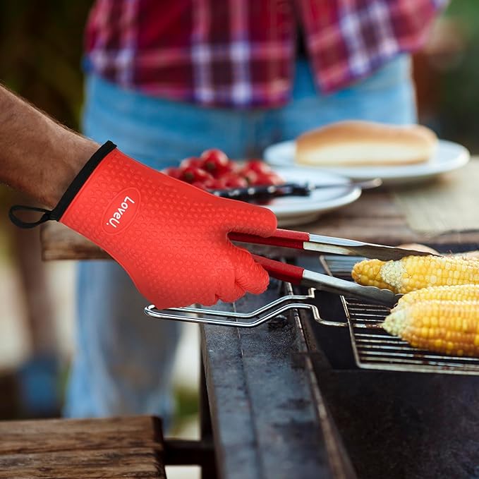 Kitchen Oven Gloves - Silicone and Cotton Double-Layer Heat Resistant Oven Mitts/BBQ Gloves/Grill Gloves - Perfect for Baking and Grilling - 1 Pair (Small, Red)