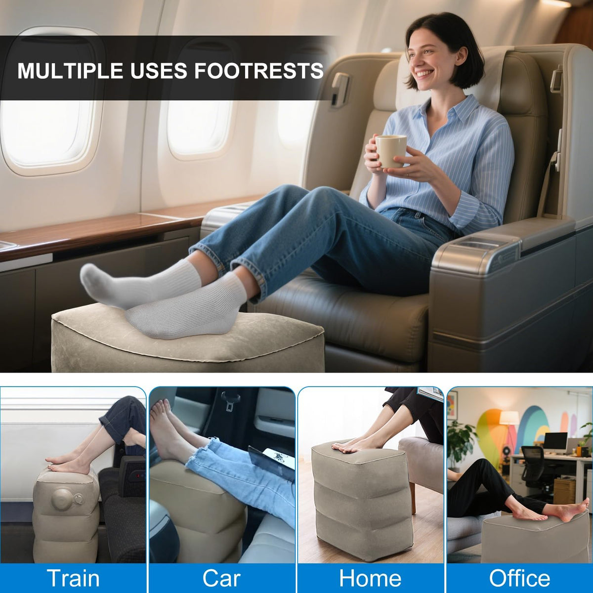 1 Pack Inflatable Travel Foot Pillow,Inflatable Leg Pillow Outdoor Stool, Adjustable 3 Layers Height Leg Rest Pillow for Airplane, Office, Home, Trains, Cars (1Pack Grey)