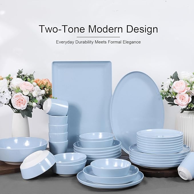 Webbylee 10.25" Melamine Dinner Plates Set of 6 - Durable Serving Dishes Perfect for Kitchen Outdoor Use, Dishwasher Safe,Scratch Resistant-Blue & Beige