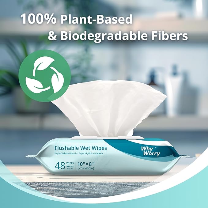 WhyWorry Flushable Wipes for Adults, Extra Large 8"x10" Butt Wipes for Toilet & Personal Cleansing, Chamomile and Vitamin E, 100% Plant-Based, Septic & Sewer Safe, Unscented, 144 Count (3 Packs)