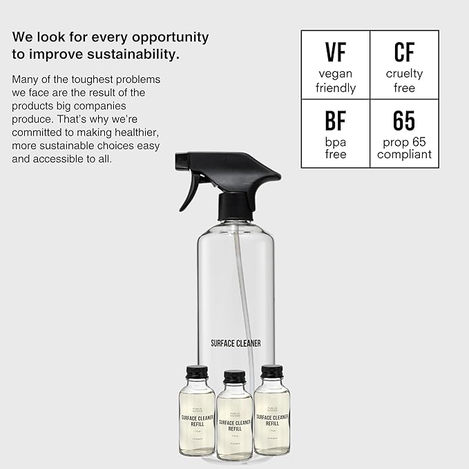 Public Goods Multi Surface Cleaner Refill & Glass Spray Bottle | All Purpose Cleaner Refill for Floors, Tile, Countertops | Multi Purpose | Scented w/Jasmine Essential Oils | 3 Pack - 24 Oz Diluted