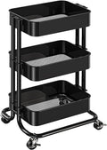 Pipishell 3 Tier Metal Rolling Utility Cart, Heavy-Duty Storage Rolling Cart with 2 Lockable Wheels, Multifunctional Mesh Organization Utility Cart for Kitchen Dining Room Living Room (Black)