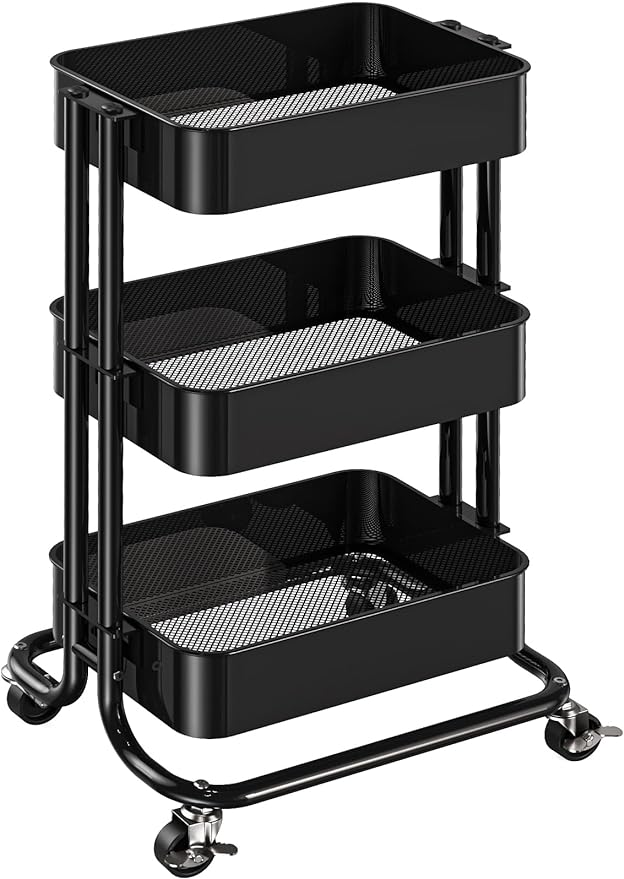 Pipishell 3 Tier Metal Rolling Utility Cart, Heavy-Duty Storage Rolling Cart with 2 Lockable Wheels, Multifunctional Mesh Organization Utility Cart for Kitchen Dining Room Living Room (Black)