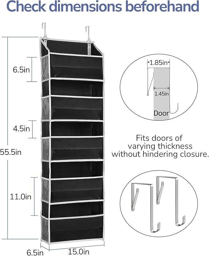 ULG 1 Pack Over The Door Organizer – 5 Shelf Door Organizer Hanging & 10 Side Pockets, Reinforced 44LB Capacity Hanging Organizer, Behind The Door Storage for Bedroom, Nursery, Pantry (Black)