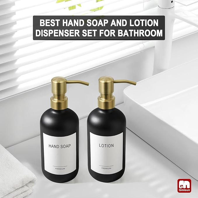 GMISUN Gold Soap Dispenser, 2 Pack Matte Black Glass Bathroom Hand Soap Dispenser with Rustproof Golden Pump, 17 Fl Oz Kitchen Hand and Dish Soap Dispensers Set, Modern Liquid Soap Lotion Bottle