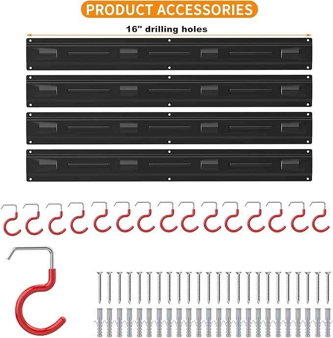 WALMANN All Metal 64 Inch Wall Mount Garden Tool Organizer for Garage, Mop and Broom Holder, Yard Tool Storage Rack for Rake, Shovel, Spade, Mop, Broom(4 Rails, 16 Hooks)