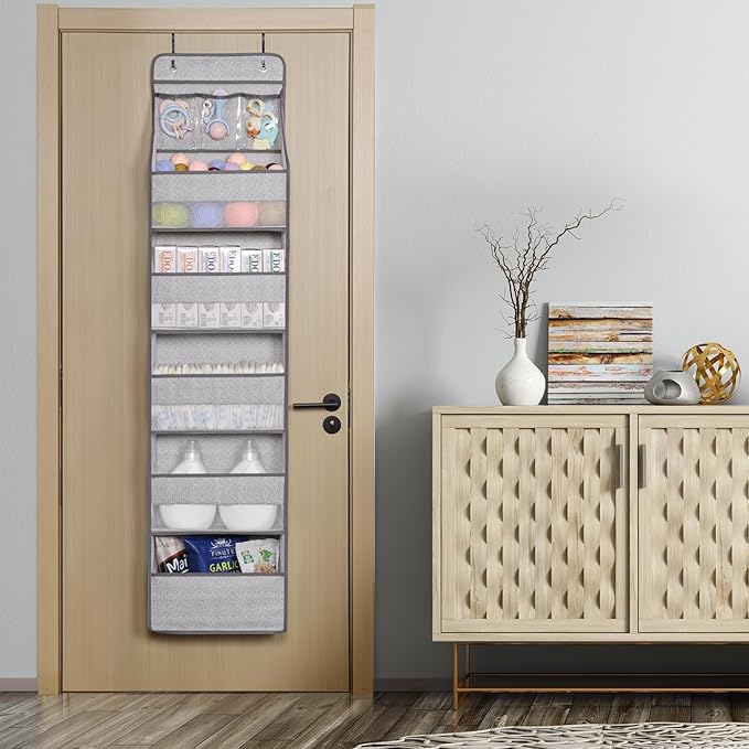 Univivi 6-Shelf Over Door Hanging Organizer Fabric Baby Door Storage with 5 Large Pockets and 3 Small PVC Pockets Wall Mount Hanging Storage Organizers for Baby Essential (Grey Pattern)