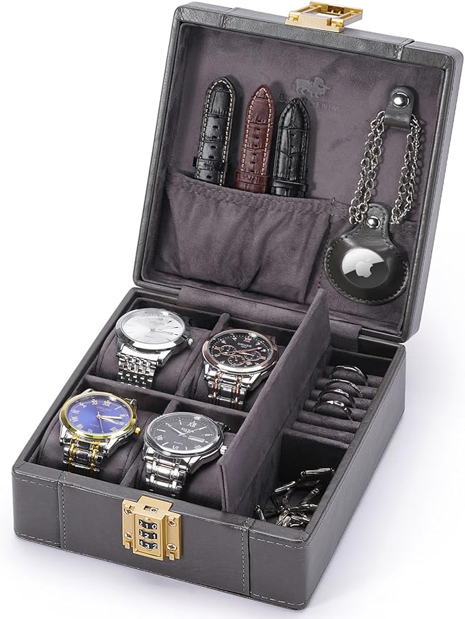 BISON DENIM Watch Box, 4 Watch Travel Case with Combination Lock - PU Leather Men's Watch Storage Box & Jewelry Organizer with Ring Slots & Necklace Hooks, Secure Travel Case, Grey