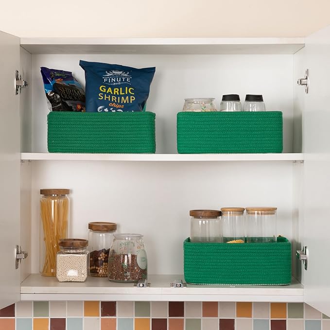 3 Pack Small Storage Baskets for Organizing, Cute Woven Decorative Gift Baskets for Shelves, Mini Closet Organizer Bins with Handles, 11.81''Lx7.87''Wx4.72''H-Green