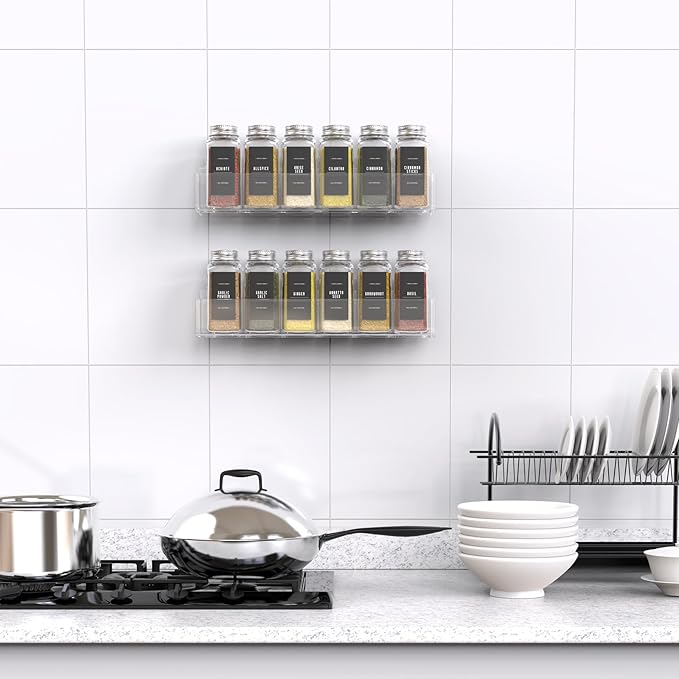 PMMASTO Adhesive Acrylic Spice Rack Organizer with 12 Empty Square Spice Jars, 238 Spice Labels with Chalk Marker and Funnel Complete Set for Kitchen Cabinet/Pantry Door (Clear - 2 Pack)