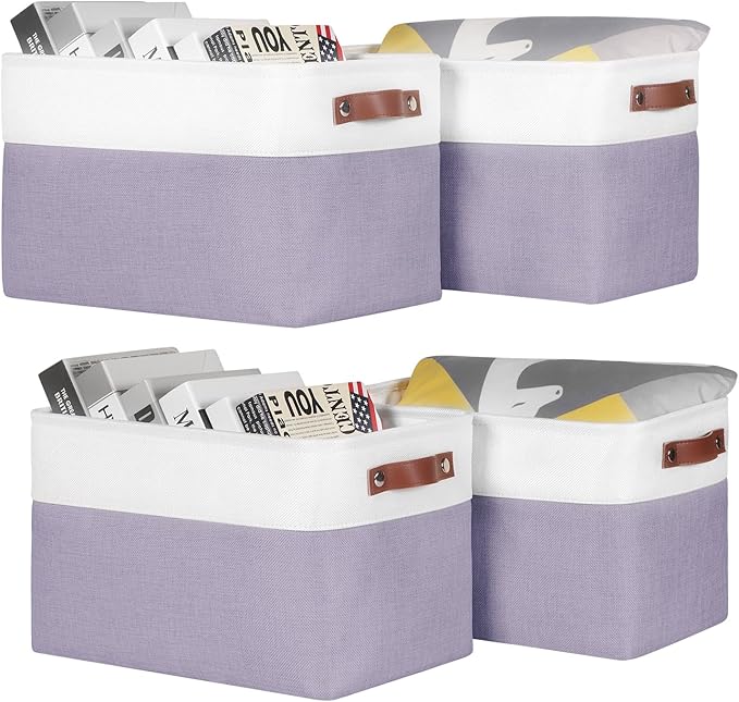 Univivi Large Fabric Storage Baskets Hard Bottom Organizer Bins for Shelves Organizing Foldable Storage Bins with PU Handles for Closet (Purple-4-Pack)