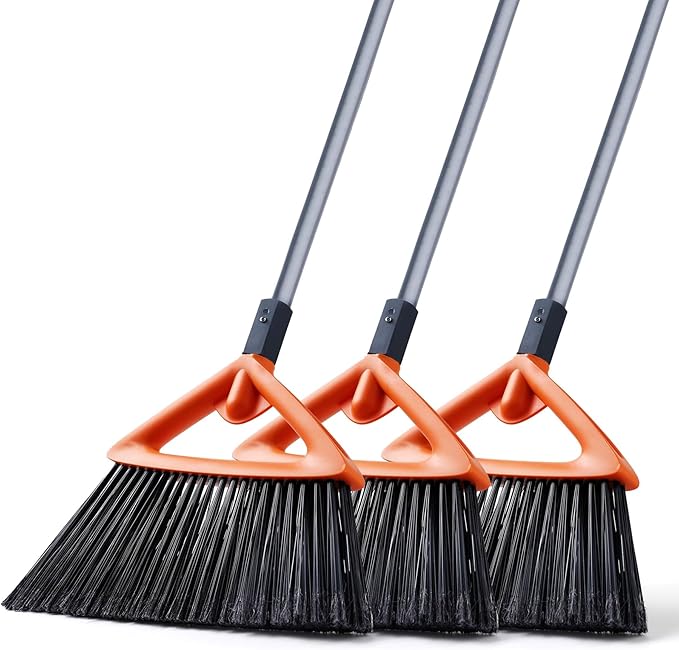 3 Pack Heavy Duty Outdoor Broom with Long Handle for Patio,Lobby,Garden,Kitchen,Deck,Yard,Sweeping -Commercial Grade Angle Broom with Stiff Bristles and Sponge Handle