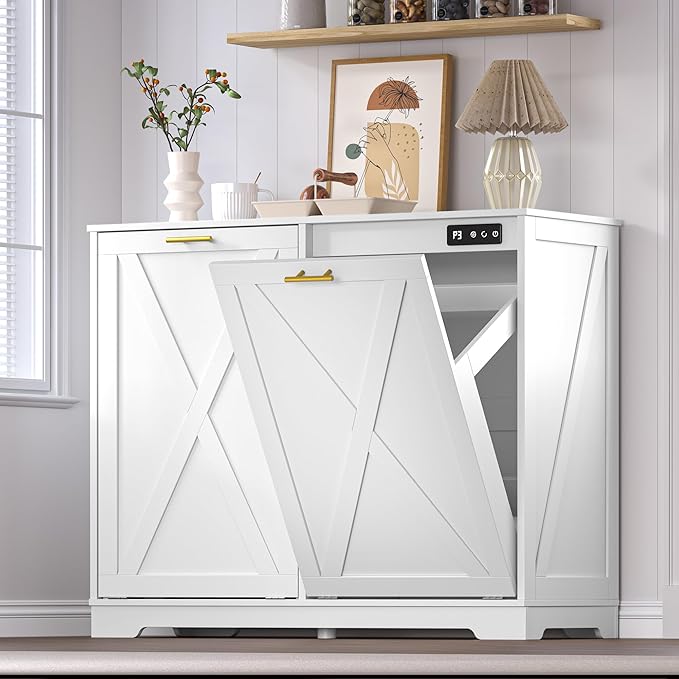 Tilt Out Trash Can Cabinet for 2 Bins, Hidden Recycle Garbage Bin Enclosure, Wooden Double Laundry Cabinet with Odor Control, Negative Ion & Ozone, for Kitchen, Bathroom, Laundry Room