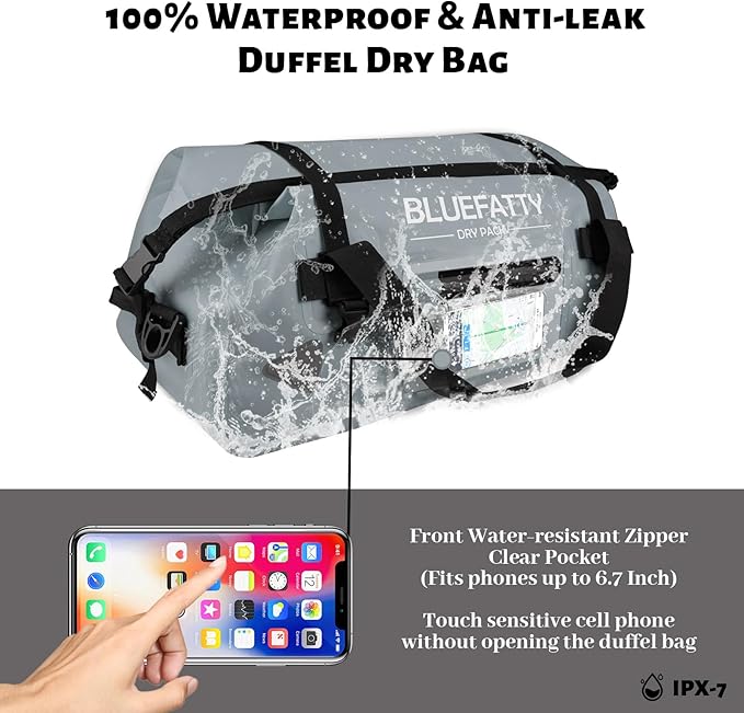 Waterproof Motorcycle Duffel Bag Roll Top Dry Duffel Bag with Quick-fixed Straps for Rafting, Boating, Kayaking, Travel, 50L(Grey)