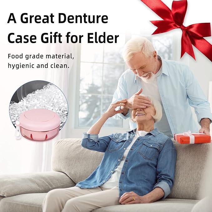 Leak Proof Denture Cup Kit Portable Retainer Case Perfect for Travel, Denture Case Container Cleaning Care for Dentures Aligner Mouth Guard with Denture Brush,Strainer, Removal Tool and Mirror