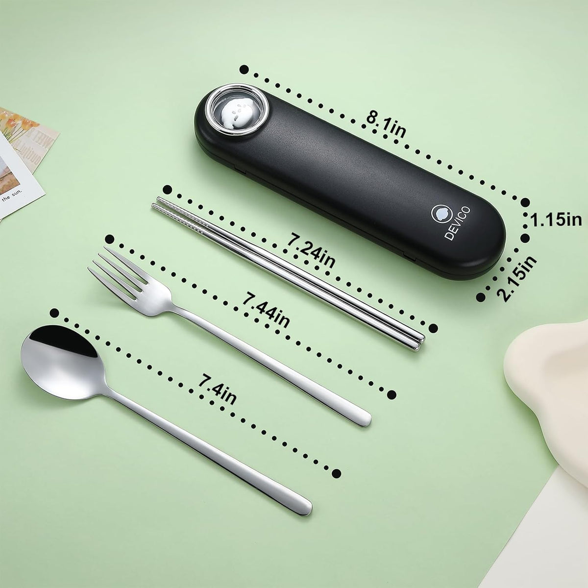 DEVICO Travel Utensils with Case Cute, Reusable Silverware for Lunch, Portable Cutlery Set, 18/8 Stainless Steel Fork Spoon Chopsticks in Cartoon Case, Dishwasher Safe (Black)