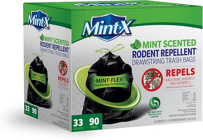 Mint-X Rodent Repellent Outdoor Home and Industrial Trash Bags with Drawstring & Mint-Flex Technology; 33 Gallon, 90 Count, Black