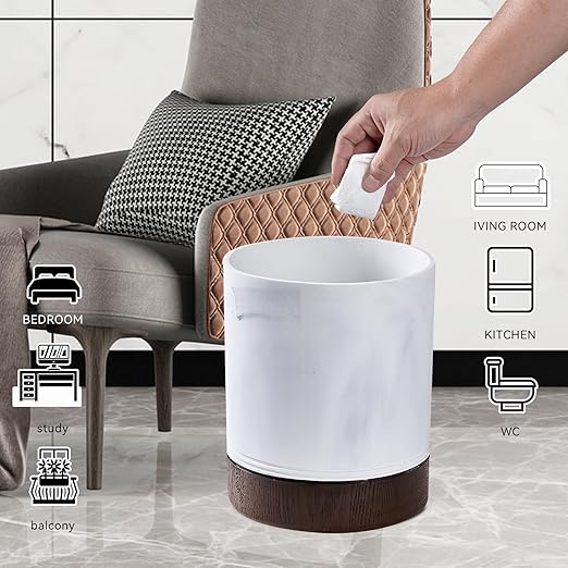 Polytree White Marble and Brown Wood Round Wastebasket, Resin Small Round Bathroom Trash Can 2.5 Gal(9 Liter) Small Kitchen Garbage Can,Living Room Bedroom Trash Can, Decor Wastebasket for Home Office