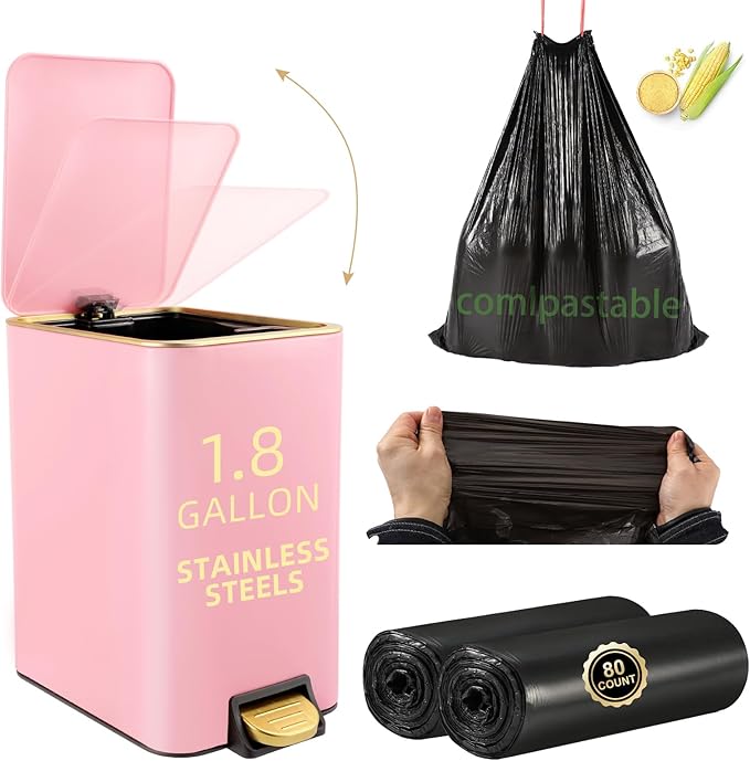 Small Bathroom Trash Can with Lid Soft Close, 1.8 Gallon Stainless Steel Garbage Can with Removable Inner Bucket,80Count Trash Bags, Slim Step Pedal Trash Bins