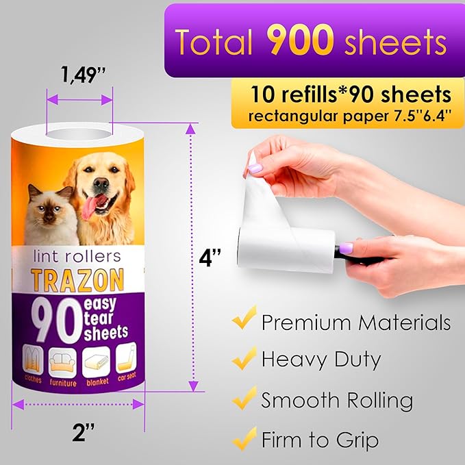 Lint Roller Refills 10 Pack of 900 Sheets / 10 Refills Rollers Only, Extra Sticky Roller for Pet Hair, Lint Remover Dog Hair Cat, Fuzz, Animal Fur, Stick Lint Removal Roller Clothes