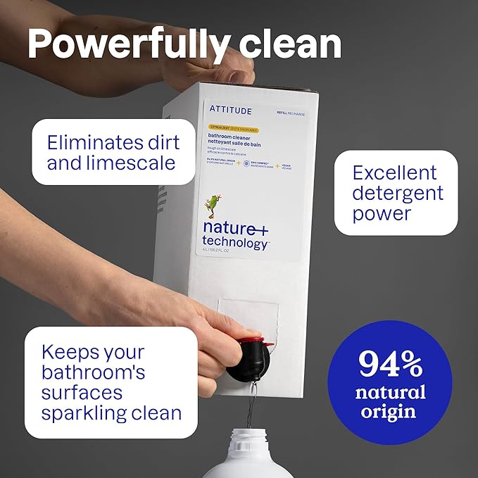 ATTITUDE Bathroom Cleaner Spray Refill, EWG Verified, Plant-Based & Vegan, Safe for Bathroom Surfaces, Tiles, Tubs, Shower Walls, and Grout, Citrus Zest Scent, 135.26 Fl Oz