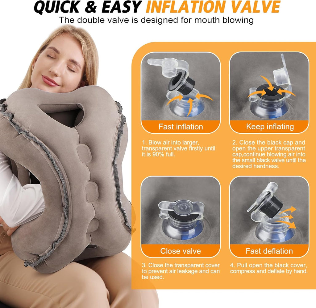 Inflatable Travel Pillow,Multifunction Travel Neck Pillow for Airplane to Avoid Neck and Shoulder Pain,Support Head,Neck,Used for Sleeping Rest, Airplane and Home Use,with Eye Mask, Earplugs,Gray