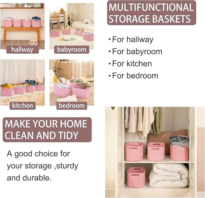 OIAHOMY 4 Pack Storage Baskets for Organizing, Cube Storage Bins for Shelves, Rectangle Storage Baskets With Handles, Woven Baskets for Storage, 12.7''Lx9''Wx7.8''H, Pink