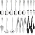17PCS Serving Utensils Set Flatware, Stainless Steel Serveware Large Serving Spoons, Slotted Spoons, Forks, Tongs, Cake Server,Soup and Skimmer Spoon for Buffet, Catering, Party, Dinner (Silver)