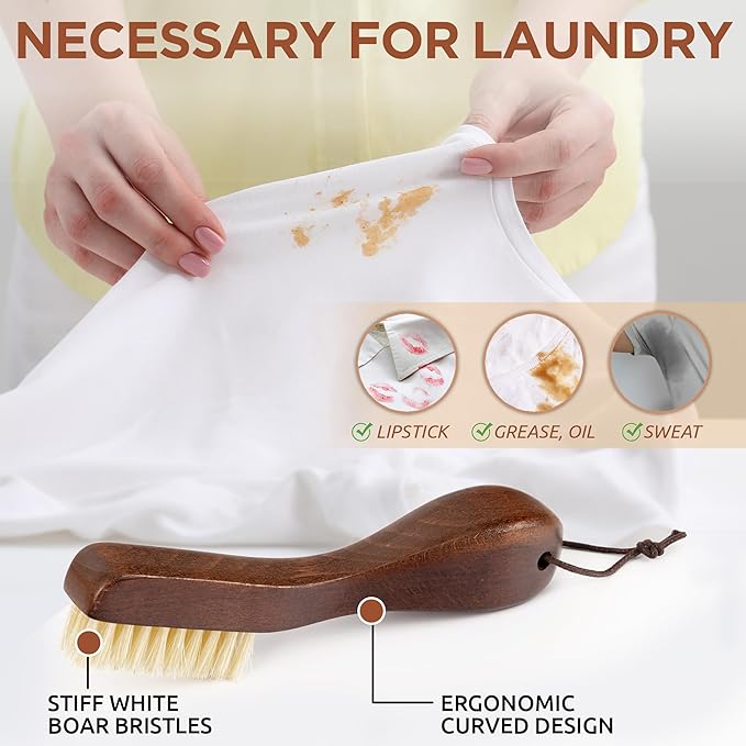 TAKAVU Laundry Stain Brush Set of 2 – Clothes Cleaning Brushes with Natural Boar Bristles & Wooden Handle – Fabric Care Scrubbing Brush for Stain Removal, Shoes, Upholstery & Garment Care