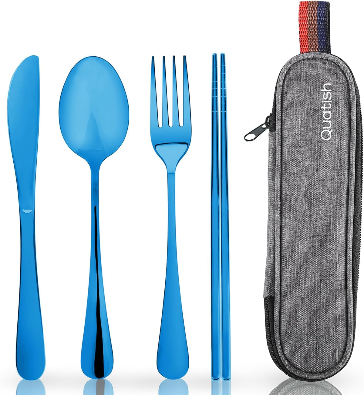 Travel Utensils with Case, Quatish Portable Silverware Set for Work, Stainless Steel Reusable Travel Cutlery Set, Fork and Spoon Set for Camping, Picnic, Gadgets, Lunch Box for Men, Blue