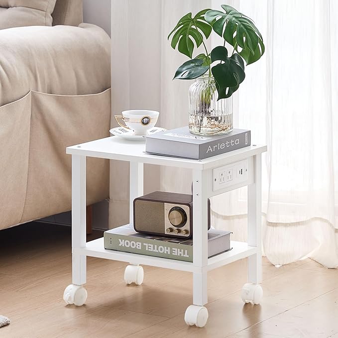 Lerliuo Under Desk Printer Stand with Charging Station, 2 Tier Wooden Small Printer Table with Storage, Rolling Printer Cart Shelf with Lockable Wheels for Home, Office (White)