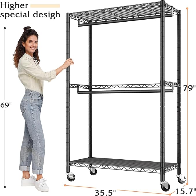 Raybee Heavy Duty Clothing Rack with Wheels,Rolling Clothes Rack for Hanging Clothes,Portable,2 Shelves,Black
