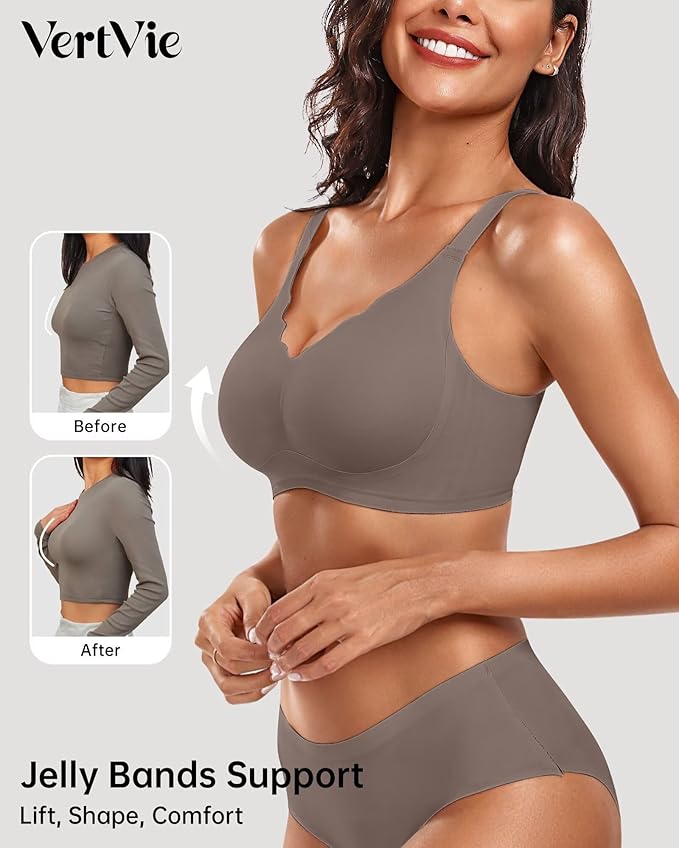 Vertvie Womens Seamless Bras No Underwire Supportive Wireless Push Up Full Coverage Bralette Comfort Scalloped T-Shirt Bra