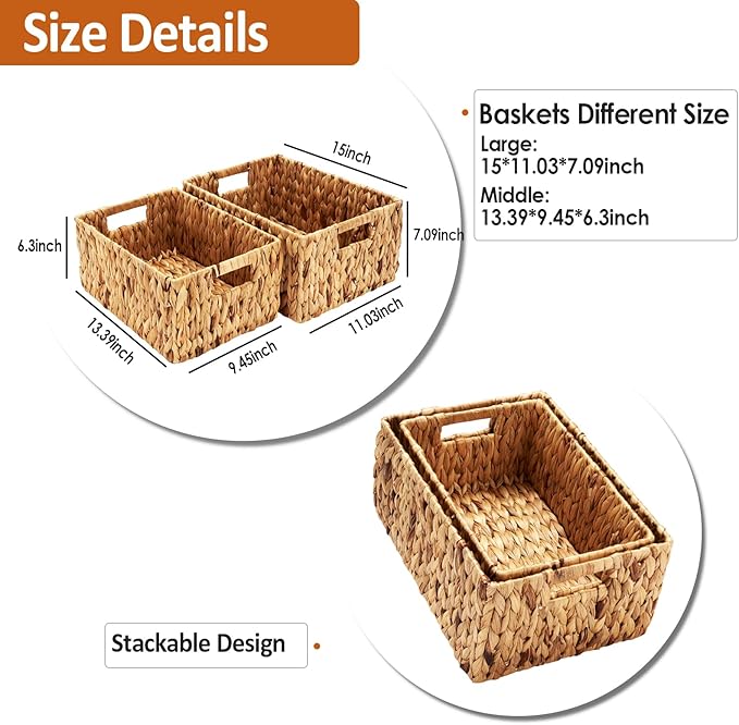 Wicker Baskets 2 Pack, Water Hyacinth Rectangular Storage Basket with Handles, Large for Organizing, Natural