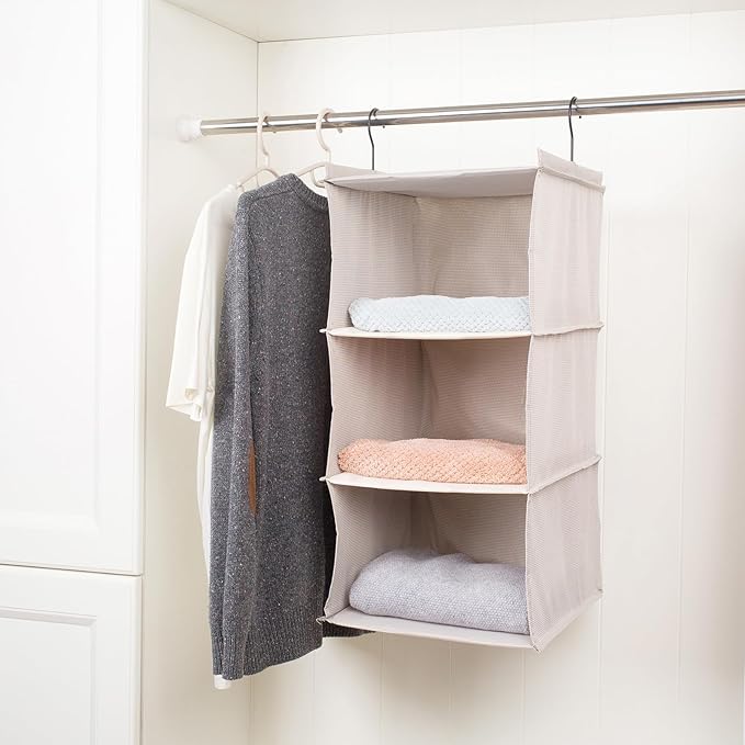 Hanging Closet Organizer, Easy Mount Foldable 3-Shelf Hanging Closet Wardrobe Storage Shelves, Clothes Handbag Shoes Accessories Storage, Imitation Linen Fabric, Beige Houndstooth