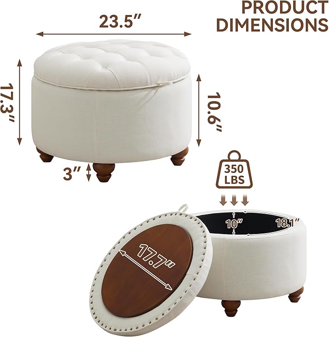 24Inch Round Storage Ottoman with Tray, Modern Tufted Fabric Circle Coffee Table with Storage, Upholstered Ottoman with Removable Top for Living Room, Bedroom, Beige
