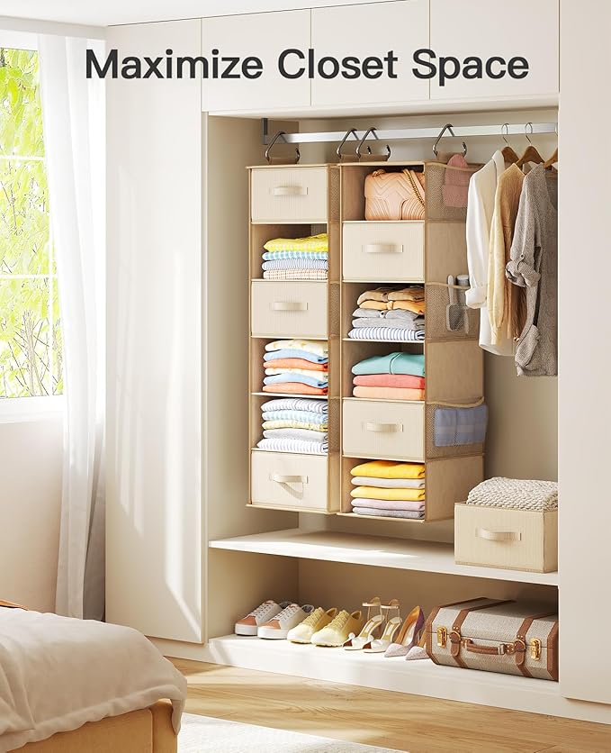 Pipishell Hanging Closet Organizer 6-Shelf, Hanging Shelves for Closet with 3 Removable Drawers & Side Pockets, Hanging Shelf Organizer for Bedroom or Garment Rack, 12'' x 12'' x 43.3'', Beige