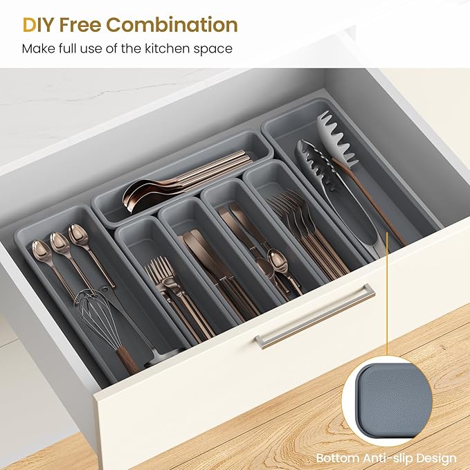 7 Pack Silicone Silverware Drawer Organizer, DIY Free Combination Kitchen Drawer Organizer, Utensil Organizer, Moisture-proof and Heat-resistant up to 200°C, Anti-slip and Environmentally (Grey)
