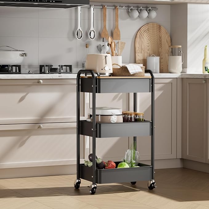 3 Tier Rolling Cart with Table top, Metal Utility Cart, Sturdy Storage Organizer Cart with Locking Wheels & Hooks for Office, Classroom, Kitchen and Bathroom