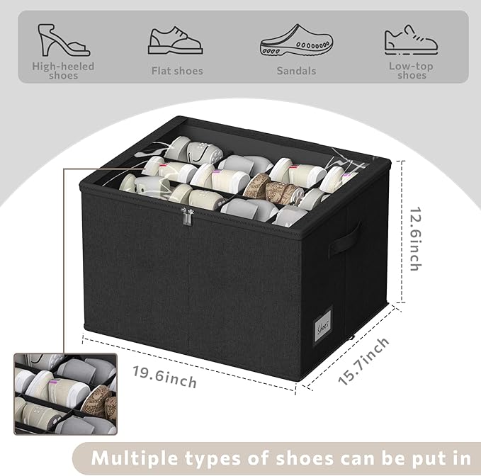 Shoe Organizer for Closet, 2 Pack Sturdy Shoe Storage Bins with Clear Cover, Fits 16-32 Pairs, Foldable Shoe Storage Box with Reinforced Handles (Black, 19.7 * 15.7 * 12.6in)