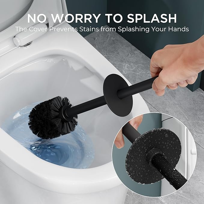 FORIOUS Toilet Brush and Holder Set, Heavy Duty 304 Stainless Steel Base Square and Long Handle for Bathroom Deep Cleaning, Drip-Proof, Space Saving for Storage, 2 Toilet Bowl Brush Head, Black